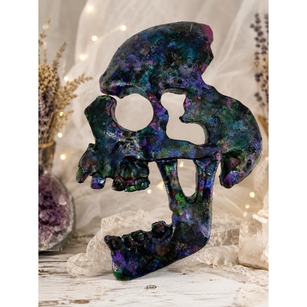 Handmade Acrylic Pour Skull Wall Art Purple Blue Swirl Gothic Halloween Decor